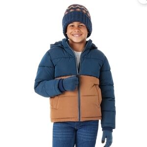 Blue and Brown Puffer Jacket with Hood